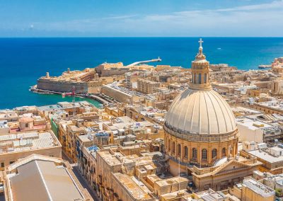 Aerial view of Lady of Mount Carmel church, St.Paul's Cathedral in Valletta city, Malta.